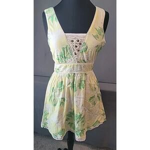 Free People Y2K Vintage Floral Mini Dress Yellow Green Size 6 Boho Retro EUC